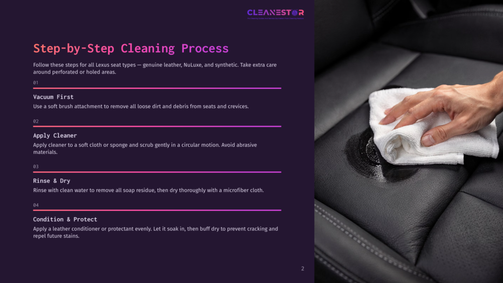 Close-Up Of A Hand Gently Wiping A Dark Leather Car Seat With A White Microfiber Cloth, With Cleaning Solution Visible On The Seat.