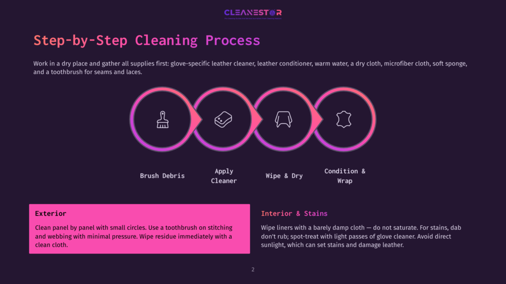 Infographic Detailing A Four-Step Leather Cleaning Process: Brush Debris, Apply Cleaner, Wipe &Amp; Dry, Condition &Amp; Wrap, With Icons Representing Each Stage And Accompanying Text.