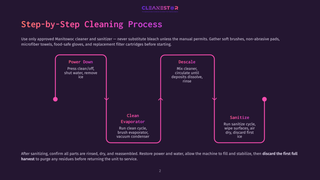 A Step-By-Step Cleaning Process Flowchart For Manitowoc Cleaners, Detailing Steps Like Power Down, Clean Evaporator, Descale, And Sanitize.