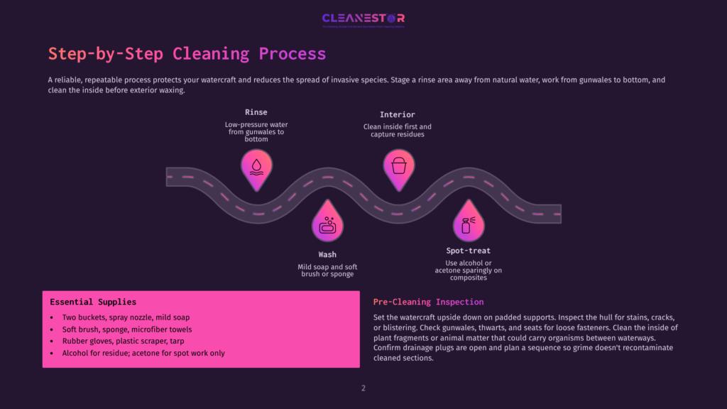 Step-By-Step Guide To Cleaning A Personal Watercraft, Featuring A Colorful Road Graphic Illustrating Rinse, Interior Cleaning, Wash, And Spot-Treat Stages, With A List Of Essential Cleaning Supplies.