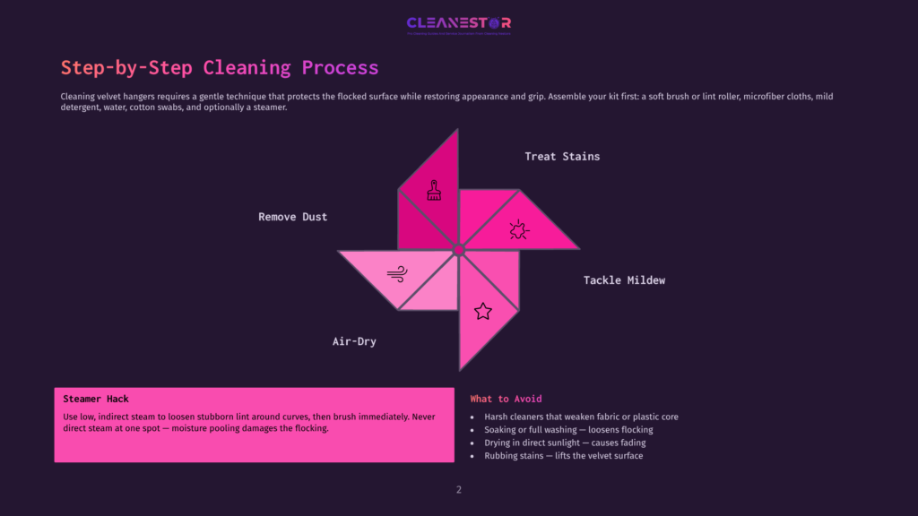 A Colorful Graphic Illustrates A Step-By-Step Cleaning Process For Velvet Hangers, Featuring A Pinwheel Design With Sections For Removing Dust, Treating Stains, Tackling Mildew, And Air-Drying, Along With A &Quot;Steamer Hack&Quot; Tip.