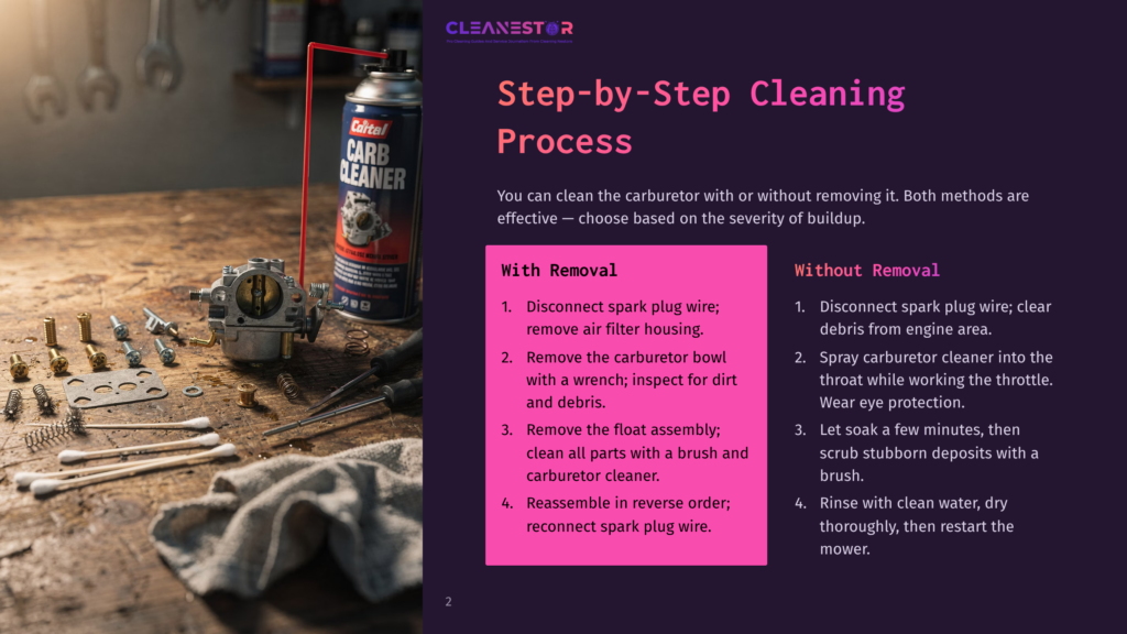 Carburetor Cleaning Supplies Laid Out On A Wooden Workbench, Including Carb Cleaner Spray, Small Parts, Brushes, And Cotton Swabs, With A Step-By-Step Cleaning Process Diagram On The Right.