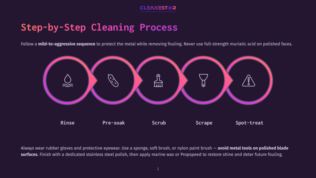 2 Step By Step Cleaning Process 32 Diagram Of A Step-By-Step Cleaning Process For Metal Surfaces, Featuring Five Circular Icons Representing Rinse, Pre-Soak, Scrub, Scrape, And Spot-Treat, With Accompanying Text And Safety Instructions.