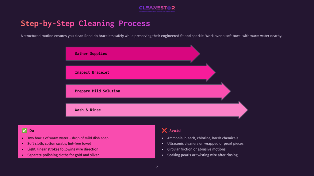 Step-By-Step Guide To Cleaning Ronaldo Bracelets, Featuring A Pink And Purple Gradient And Text Detailing The Process: Gather Supplies, Inspect Bracelet, Prepare Mild Solution, And Wash &Amp; Rinse. Includes &Quot;Do&Quot; And &Quot;Avoid&Quot; Lists.