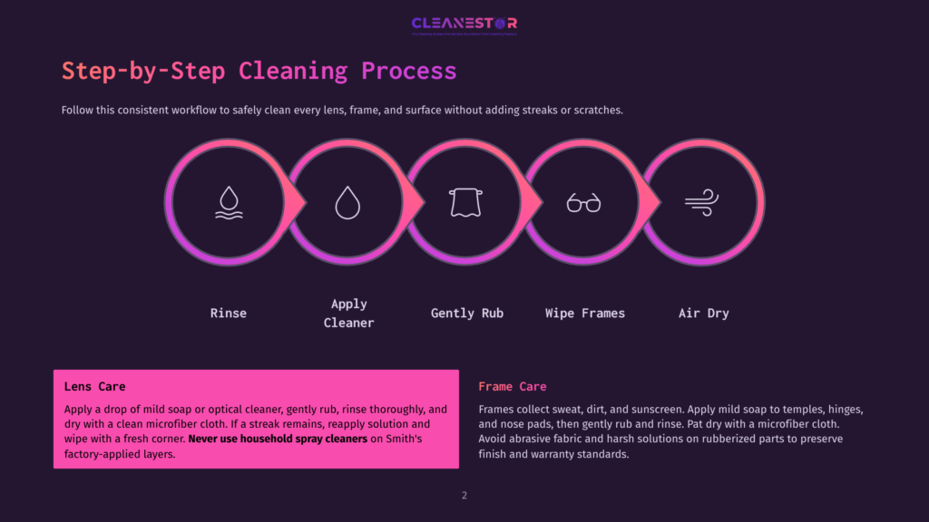 A Step-By-Step Guide To Cleaning Eyeglasses, Illustrating A Five-Stage Process: Rinse, Apply Cleaner, Gently Rub, Wipe Frames, And Air Dry, With Icons Representing Each Step.