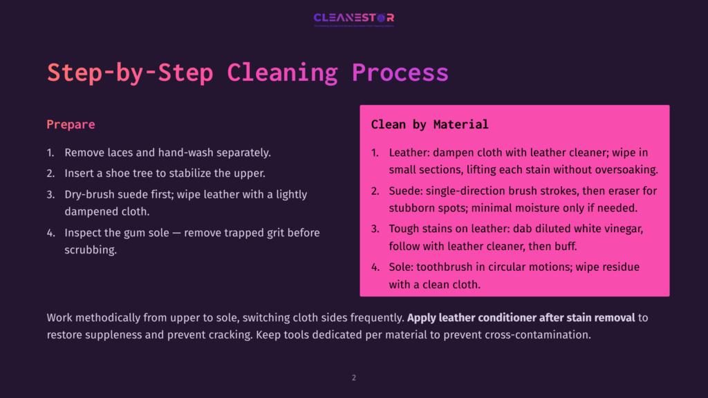 Cleanestor Step-By-Step Shoe Cleaning Process Guide, With Sections On Preparing Shoes And Cleaning By Material (Leather And Suede).