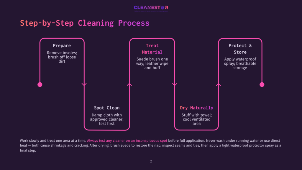 Step-By-Step Cleaning Process For Suede Items: Prepare (Remove Insoles, Brush Loose Dirt), Treat (Suede Brush, Leather Wipe, Buff), And Protect &Amp; Store (Waterproof Spray, Breathable Storage). Includes Spot Clean And Dry Naturally Steps.
