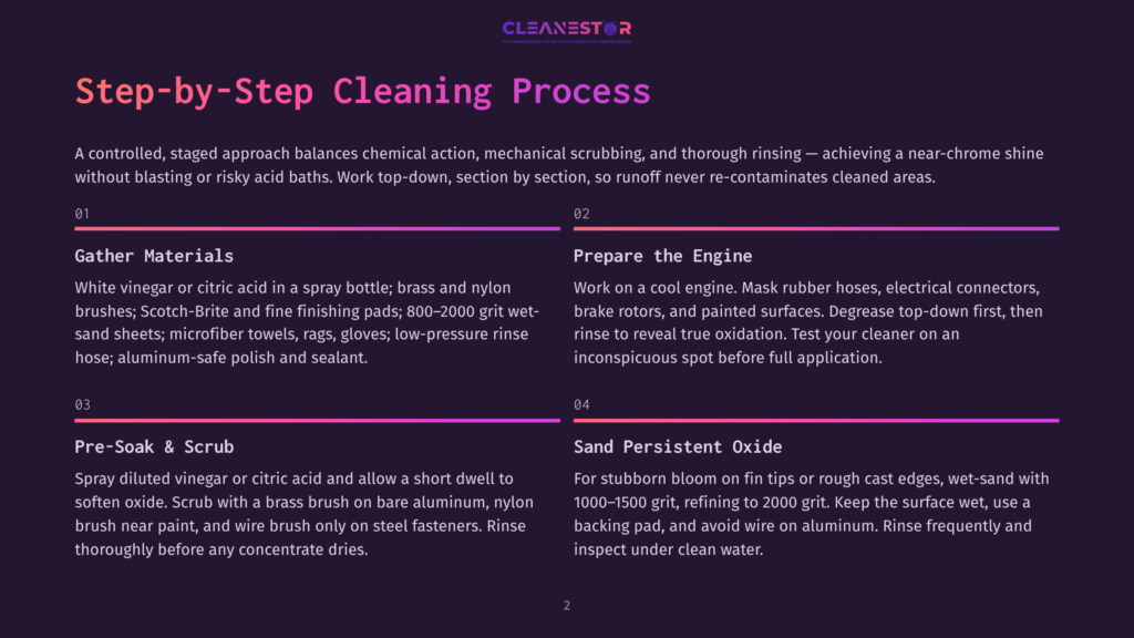 Step-By-Step Cleaning Process For Cars And Engines. The Image Outlines A Detailed Guide With Sections On Gathering Materials, Preparing The Engine, Pre-Soaking And Scrubbing, And Sanding Persistent Oxide.