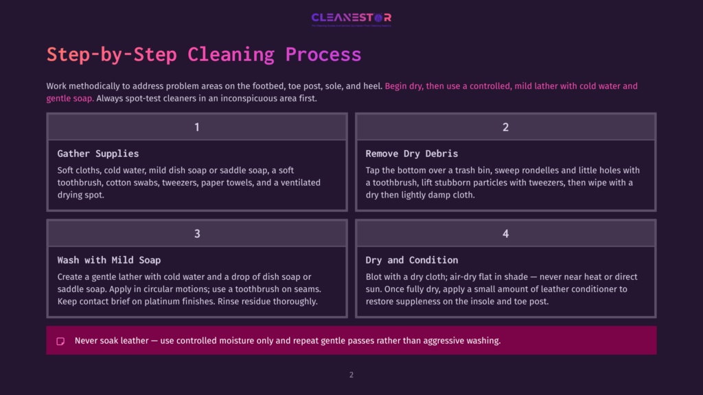 Step-By-Step Cleaning Process For Leather Shoes: Gather Supplies, Remove Dry Debris, Wash With Mild Soap, And Dry And Condition. Instructions Emphasize Controlled Moisture.