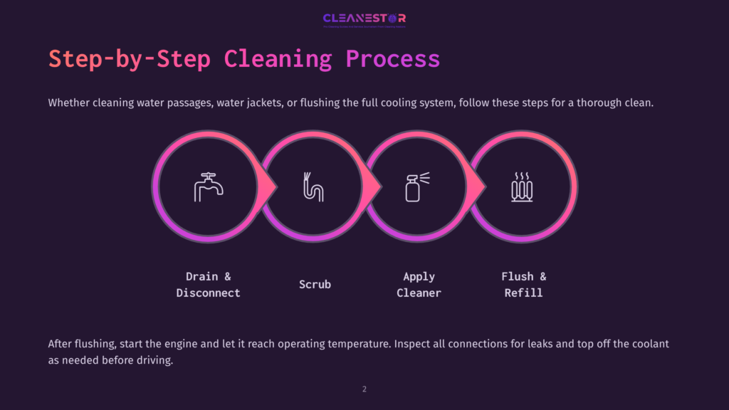 Step-By-Step Cleaning Process Diagram With Four Icons: Drain &Amp; Disconnect, Scrub, Apply Cleaner, And Flush &Amp; Refill, Illustrated With A Pink And Purple Gradient.