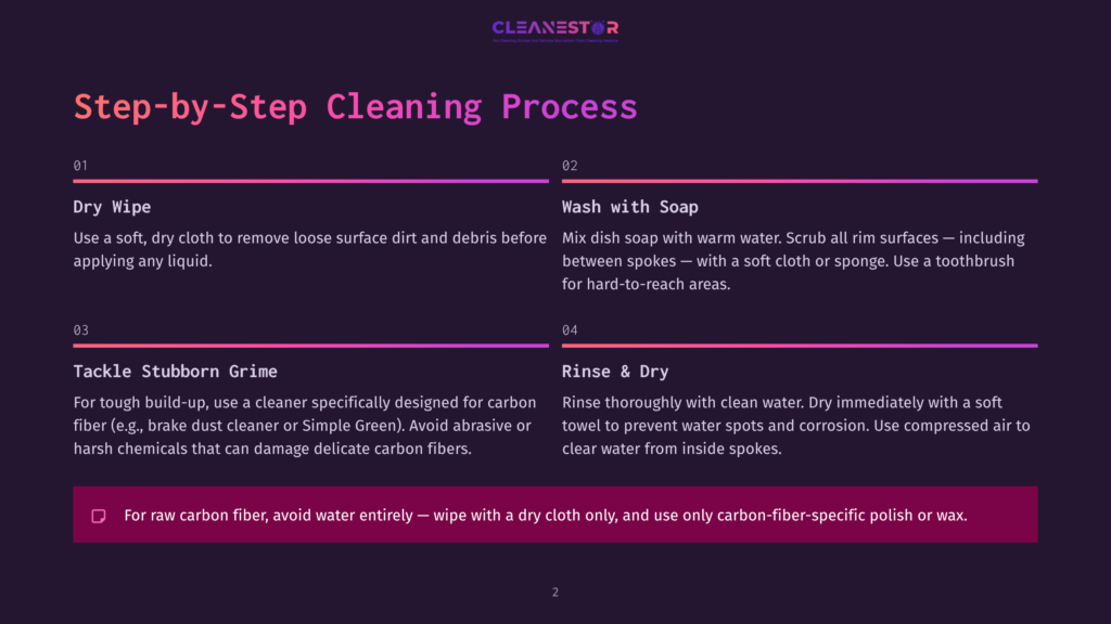 Cleanestor Step-By-Step Cleaning Process: 1. Dry Wipe To Remove Loose Dirt. 2. Wash With Soap And Water. 3. Tackle Stubborn Grime With Specialized Cleaner. 4. Rinse And Dry Thoroughly.