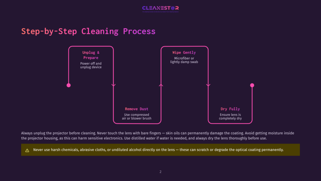 Step-By-Step Projector Cleaning Process: Unplug And Prepare, Wipe Gently With Microfiber, Remove Dust With Compressed Air, And Dry Fully. Warning About Harsh Chemicals.