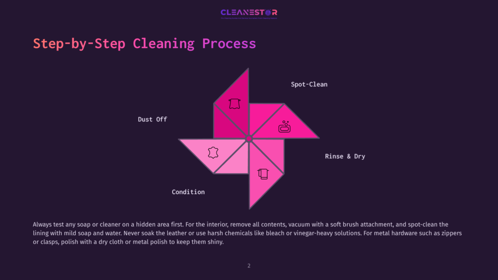 2 Step By Step Cleaning Process 62 Step-By-Step Cleaning Process Graphic With A Pinwheel Design. Sections Include Dust Off, Condition, Rinse &Amp; Dry, And Spot-Clean, With Icons For Each. Text At The Bottom Provides Cleaning Tips.