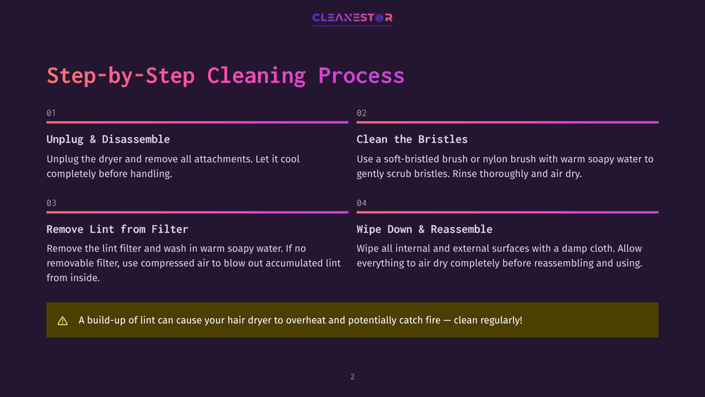 Step-By-Step Cleaning Process For A Hair Dryer, Detailing Unplugging, Cleaning Bristles, Removing Lint From The Filter, And Wiping Down The Exterior. Includes A Warning About Lint Build-Up Causing Fire Hazards.