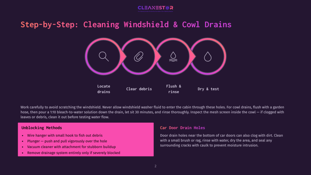 Infographic Detailing How To Clean Car Windshield And Cowl Drains. Steps Include Locating Drains, Clearing Debris, Flushing, And Dry Testing, With Icons Representing Each Step.
