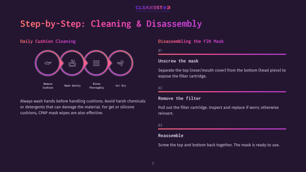 Step-By-Step Guide To Cleaning And Disassembling A Cpap Mask, Featuring Icons For Removing The Cushion, Washing Gently, Rinsing Thoroughly, And Air Drying, With Instructions For Disassembling The F20 Mask.