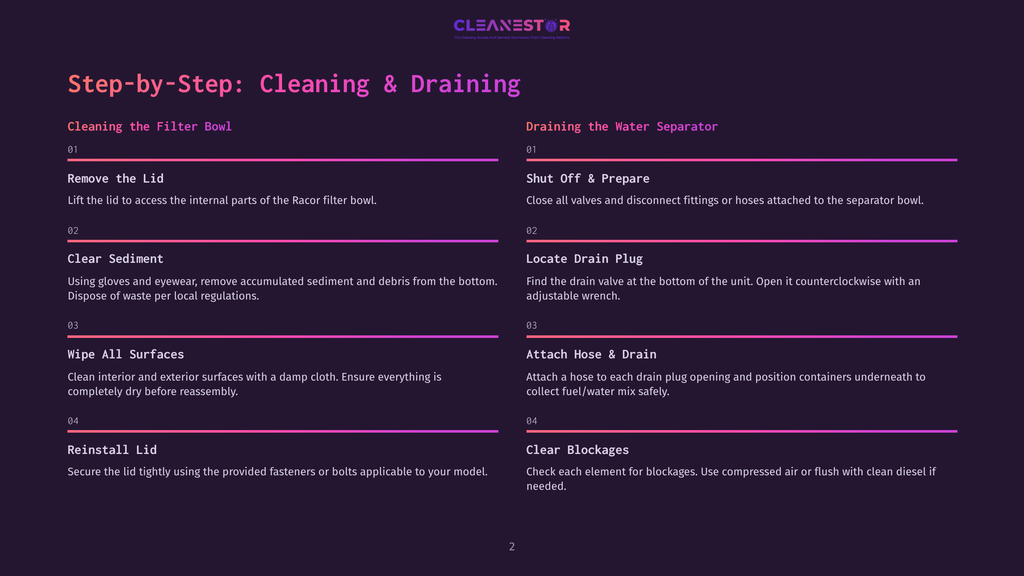 Infographic Detailing The Step-By-Step Process For Cleaning And Draining A Water Separator, Including Cleaning The Filter Bowl And Attaching The Hose.