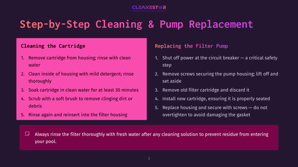 2 Step By Step Cleaning And Pump Replacement Step-By-Step Guide For Cleaning Pool Filter Cartridges And Replacing The Pump. Includes Instructions For Removing And Cleaning The Cartridge, And For Safely Shutting Off Power And Replacing The Pump.
