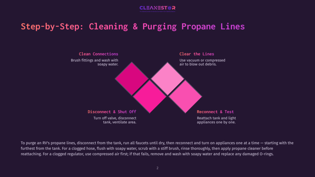 Step-By-Step Guide For Cleaning And Purging Propane Lines, Featuring A Diagram With Four Colored Diamond Shapes And Text Detailing Cleaning Connections, Clearing Lines, And Disconnecting And Reconnecting.