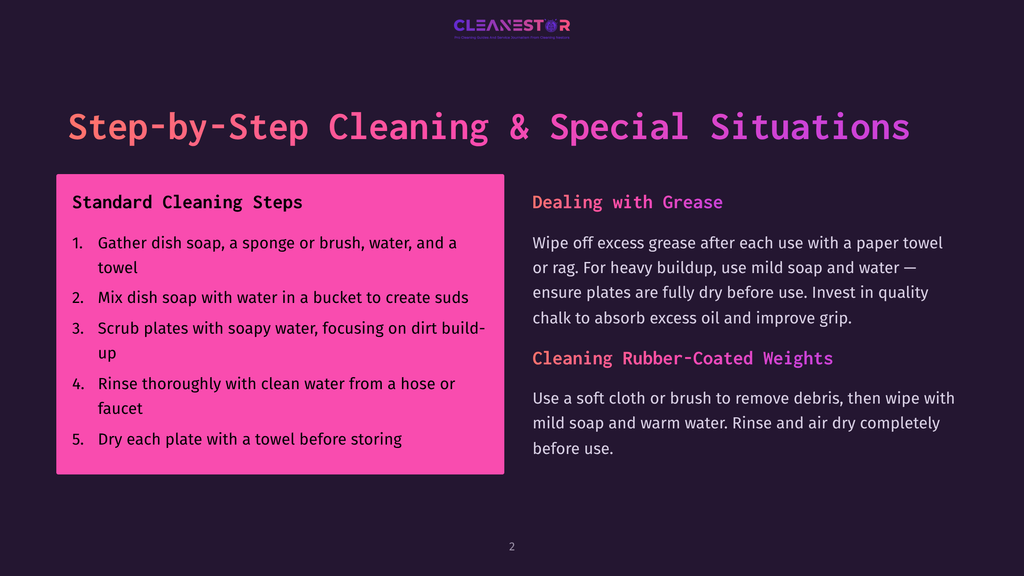 A Dark Purple Background With The Text &Quot;Cleanestor&Quot; At The Top. Below Is The Title &Quot;Step-By-Step Cleaning &Amp; Special Situations.&Quot; The Left Side Details &Quot;Standard Cleaning Steps&Quot; With A Numbered List. The Right Side Covers &Quot;Dealing With Grease&Quot; And &Quot;Cleaning Rubber-Coated Weights.