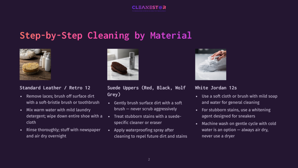 Step-By-Step Guide To Cleaning Sneakers By Material: Standard Leather, Suede Uppers, And White Jordan 12S, With Cleaning Supplies And Shoes Shown.