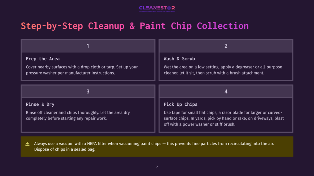 Step-By-Step Guide For Cleanup And Paint Chip Collection: 1. Prep The Area By Covering Surfaces. 2. Wash And Scrub The Area. 3. Rinse And Dry Thoroughly. 4. Pick Up Small Paint Chips With Tape Or A Razor Blade.