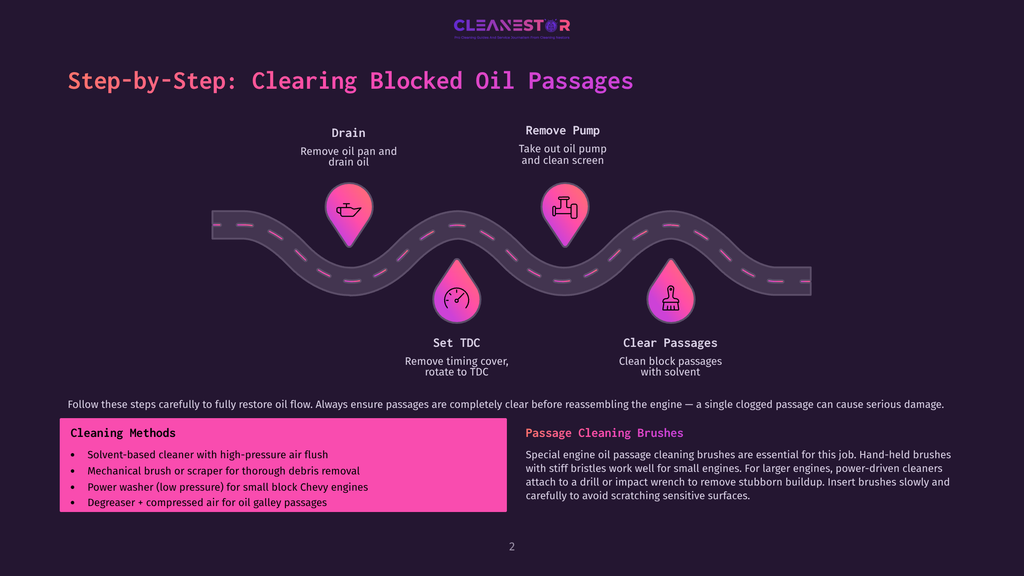 Illustration Showing A Step-By-Step Process For Clearing Blocked Oil Passages In An Engine, With Icons Representing Draining Oil, Removing The Oil Pump, Setting Tdc, And Cleaning Passages With Solvent.