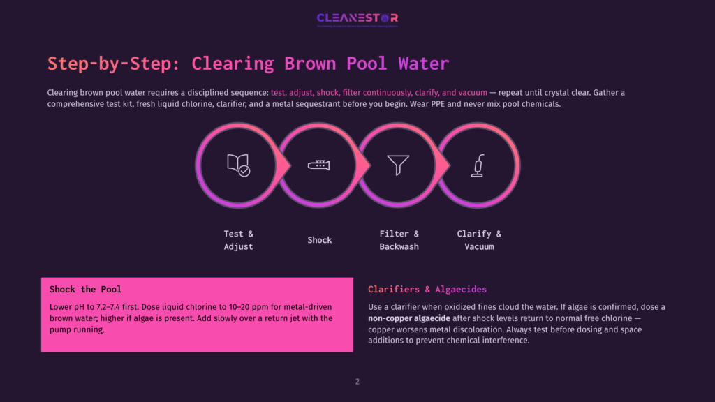 Infographic Illustrating The Step-By-Step Process For Clearing A Brown Pool, Featuring Icons For Testing, Adjusting Chemicals, Filtering, Backwashing, Clarifying, And Vacuuming.