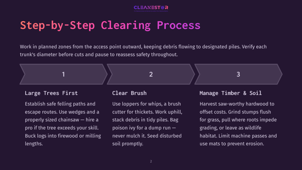 2 Step By Step Clearing Process Diagram Illustrating A 3-Step Clearing Process: 1. Large Trees First (Safe Felling, Wedges, Chainsaw), 2. Clear Brush (Loppers, Brush Cutter, Avoid Poison Ivy), 3. Manage Timber &Amp; Soil (Harvest Wood, Stump Grinding, Mats For Erosion Control).