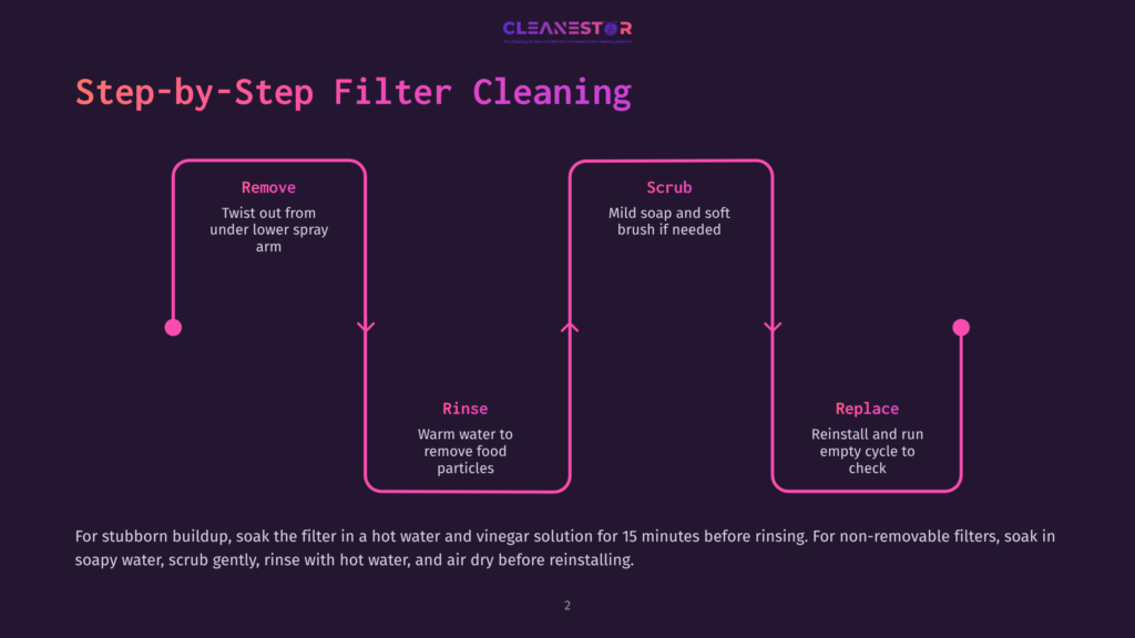 Cleanestor Step-By-Step Filter Cleaning Guide: Remove, Scrub, Rinse, Replace. Dark Background With Pink Accent Lines And Text.