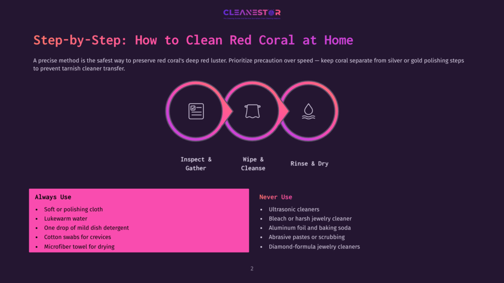 Infographic Illustrating The Step-By-Step Process For Cleaning Red Coral Jewelry At Home. The Steps Are &Quot;Inspect &Amp; Gather,&Quot; &Quot;Wipe &Amp; Cleanse,&Quot; And &Quot;Rinse &Amp; Dry,&Quot; Depicted With Icons. Below, Lists Detail &Quot;Always Use&Quot; And &Quot;Never Use&Quot; Items For Cleaning.