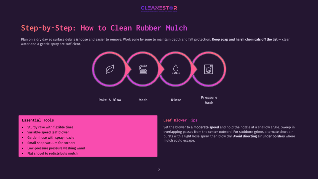2 Step By Step How To Clean Rubber Mulch Step-By-Step Guide To Cleaning Rubber Mulch: Rake &Amp; Blow, Wash, Rinse, And Pressure Wash. Includes Essential Tools And Leaf Blower Tips.