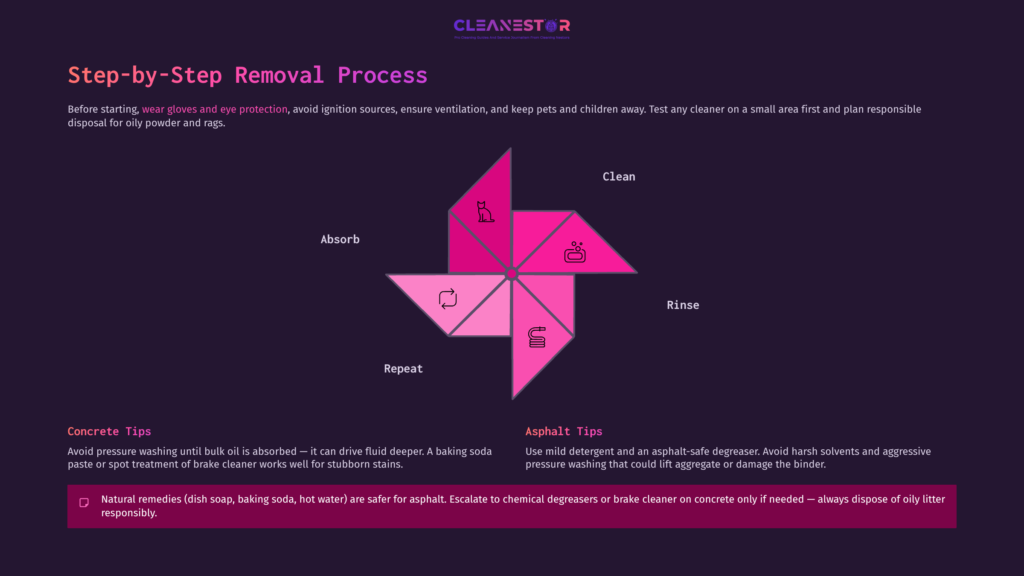 Infographic Detailing A Step-By-Step Oil Stain Removal Process: Clean, Rinse, Repeat, Absorb. Includes Concrete And Asphalt Tips.