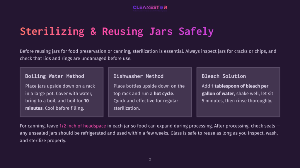 2 Sterilizing And Reusing Jars Safely Cleanestor Logo And Text Detailing Methods For Sterilizing And Reusing Jars Safely: Boiling Water Method, Dishwasher Method, And Bleach Solution. The Text Also Advises On Safe Canning Practices.
