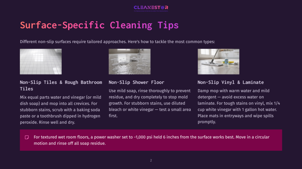 Three Images Demonstrating Non-Slip Surface Cleaning Tips: Tiled Floor With Cleaning Solution, Shower Floor With Water And Soap Residue, And A Laminate Floor Being Mopped.
