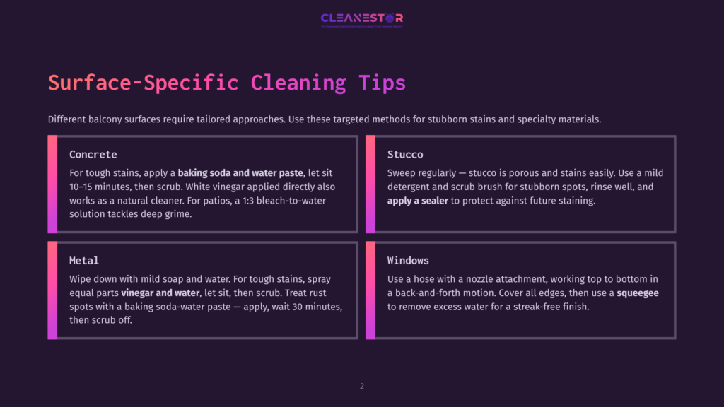 Infographic With Text Detailing Surface-Specific Cleaning Tips For Concrete, Stucco, Metal, And Windows, Including Recommended Cleaning Solutions Like Baking Soda, Water, And Vinegar.