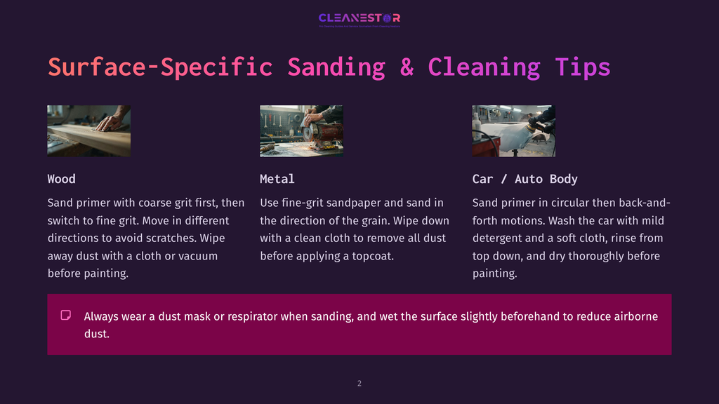 2 Surface Specific Sanding And Cleaning Tips 1 Three Images Showcasing Surface-Specific Sanding And Cleaning Tips: Wood Sanding With Fine Grit, Metal Sanding And Cleaning, And Car Body Sanding And Polishing.