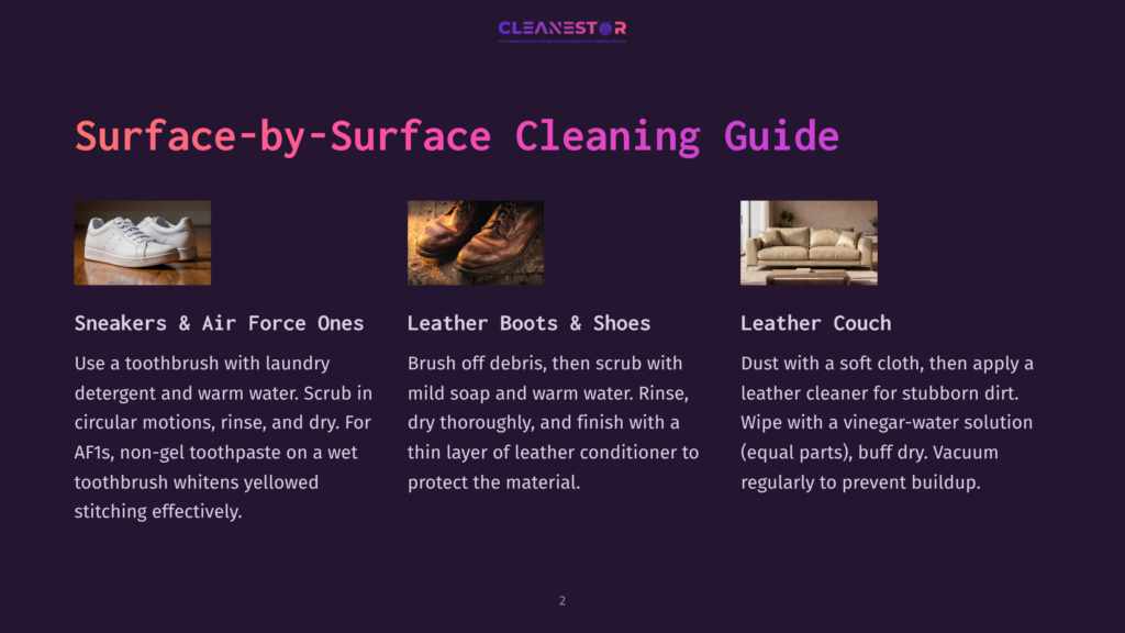 Cleanestor: Surface-By-Surface Cleaning Guide Featuring A Clean White Sneaker, Worn Leather Boots, And A Neutral-Toned Leather Couch.