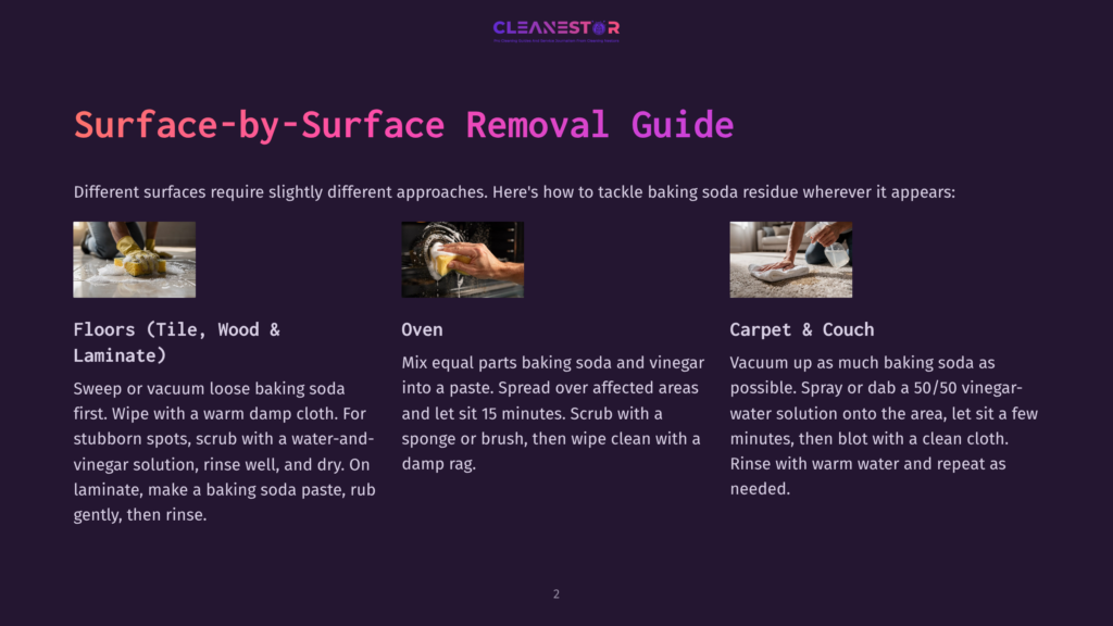 Three Images Demonstrating How To Remove Baking Soda Residue: A Person Scrubbing A Tiled Floor With A Brush, A Close-Up Of Hands Cleaning A Stovetop, And A Person Spraying A Carpet With A Cleaning Solution.