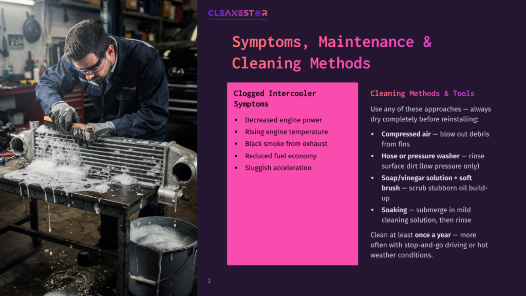 Mechanic Cleans A Clogged Intercooler With Soap And Water, Showing Its Fins And The Cleaning Process. Text Overlay: &Quot;Symptoms, Maintenance &Amp; Cleaning Methods,&Quot; &Quot;Clogged Intercooler Symptoms,&Quot; And &Quot;Cleaning Methods &Amp; Tools.