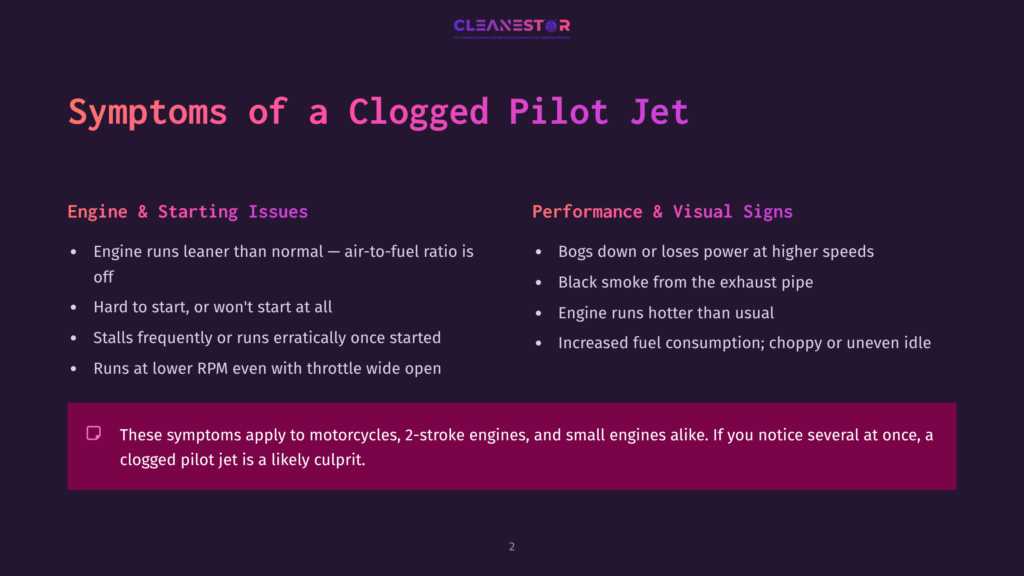 Infographic Detailing Symptoms Of A Clogged Pilot Jet: Engine &Amp; Starting Issues Like Hard Starts, Stalls, And Runs At Lower Rpm, And Performance &Amp; Visual Signs Such As Bogging, Black Exhaust Smoke, And Increased Fuel Consumption. Text Also States Symptoms Apply To Motorcycles, 2-Stroke, And Small Engines.