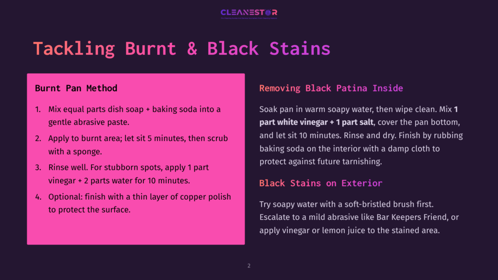 Cleanestor Graphic Detailing How To Tackle Burnt And Black Stains On Pans, With Instructions For Pan Methods And Removing Black Patina.