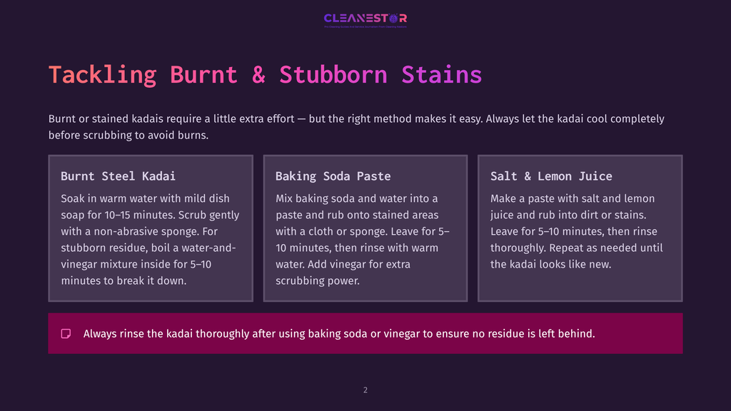 Infographic Titled &Quot;Tackling Burnt &Amp; Stubborn Stains&Quot; Offering Cleaning Solutions For Burnt Steel Kadai, Using Baking Soda Paste, And Salt &Amp; Lemon Juice.