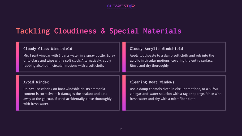2 Tackling Cloudiness And Special Materials Infographic Detailing How To Tackle Cloudiness And Special Materials For Cleaning Boat Windshields, With Tips For Cloudy Glass, Acrylic, Avoiding Windex, And Cleaning Boat Windows.