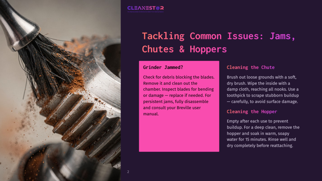 Close-Up Of A Metal Grinder Burr Covered In Coffee Grounds, Being Cleaned With A Small Brush. Text Overlay: &Quot;Cleanestor Tackling Common Issues: Jams, Chutes &Amp; Hoppers&Quot;.