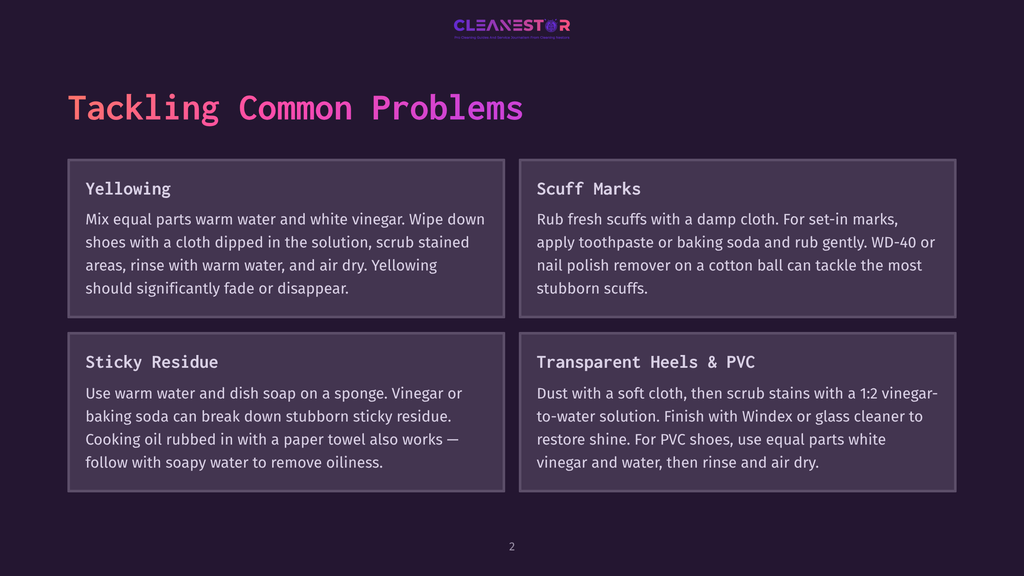 2 Tackling Common Problems Cleanestor Logo With Text &Quot;Tackling Common Problems&Quot; In Purple. Below Are Four Sections: Yellowing, Scuff Marks, Sticky Residue, And Transparent Heels &Amp; Pvc, Each With Cleaning Tips.