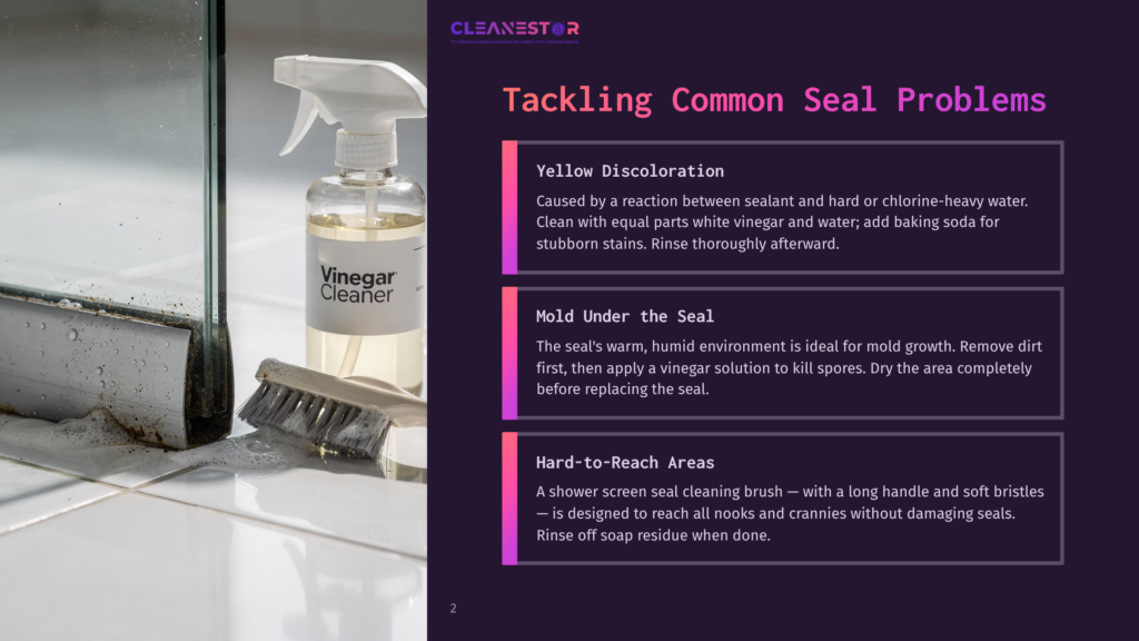 A Shower Screen Seal With Yellow Discoloration And Mold Is Shown Next To A Spray Bottle Of &Quot;Vinegar Cleaner&Quot; And A Scrubbing Brush, Illustrating Common Seal Problems.