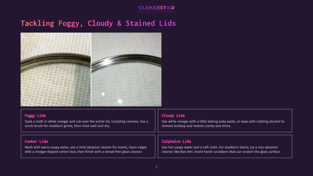 Before And After Cleaning: A Greasy, Stained Glass Stovetop Lid Is Shown Next To A Sparkling Clean One, Illustrating How To Clean Foggy And Cloudy Lids.