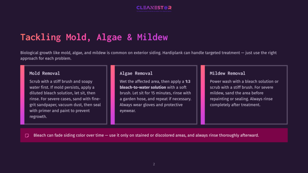 Illustration Detailing How To Tackle Mold, Algae, And Mildew On Exterior Siding, With Three Columns: Mold Removal, Algae Removal, And Mildew Removal, Offering Step-By-Step Instructions And Safety Precautions.