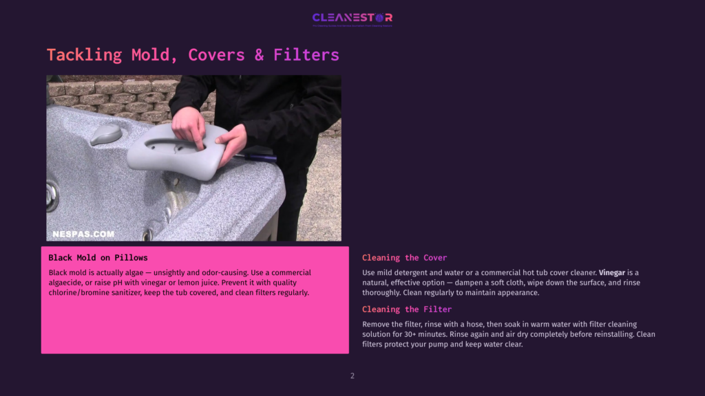 A Person'S Hands Are Shown Cleaning A Gray Hot Tub Cover, Removing Black Mold With A Sponge.